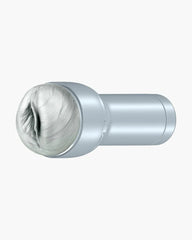 Feel Argenta Stroker angled side view showing silver cylindrical body and realistic soft-touch sleeve opening