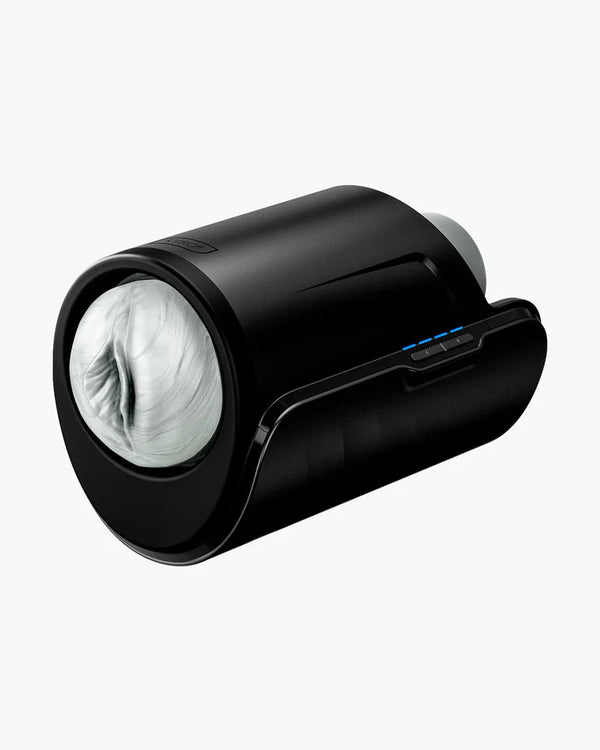 Feel Argenta Stroker inserted into a black Kiiroo Launch motorised interactive device with blue LED controls