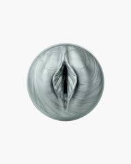 Close-up of the Feel Argenta Stroker's silver marbled sleeve orifice detail and textured surface