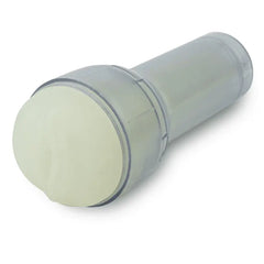 Feel Glow male stroker removed from case, angled view showing skin-like translucent sleeve and clear housing