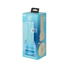 Feel Glow stroker side-angle in blue retail box highlighting glow-in-the-dark label and helix texture detail