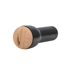 Feel Reya stroker sleeve in skin-tone TPE material seated in black housing, side view