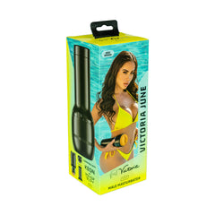 Feel Victoria male masturbator angled side view in yellow branded packaging with model artwork