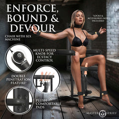 Female model on Enforcer Chair; callouts show speed knob, double penetration feature, and padded armrest
