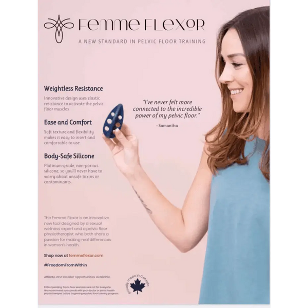 Femme Flexor Kegel Tool held by smiling woman, showing navy silicone teardrop shape with holes