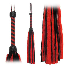 Fetissimo Flogger Red Fur Black Suede Tails 26 Inches - Dreamy Desire