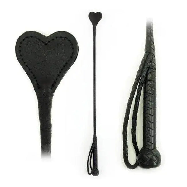Fetissimo 26-inch riding crop set: heart paddle, slim crop, and braided flogger in black leather