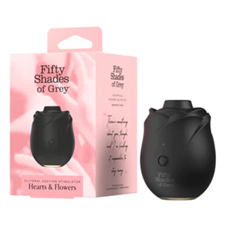 Fifty Shades of Grey Hearts & Flowers black rose-shaped clitoral suction stimulator with pink retail box