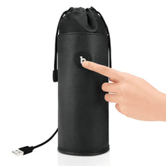 Finger pressing the round activation button on the b-Vibe UV Sterilizer Pouch with USB cable attached