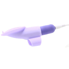 Fingerific finger vibrator shown sideways with USB charging cable attached, purple silicone