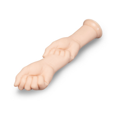 Fists dildo laid flat showing open-palm lower hand and clenched upper fist