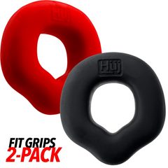 Fit Grips cockrings angled view highlighting asymmetric grip shape in red and black silicone