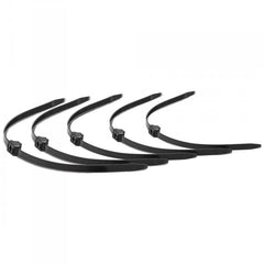 Five black plastic zip tie police cuffs laid out flat, showing flexible strap design