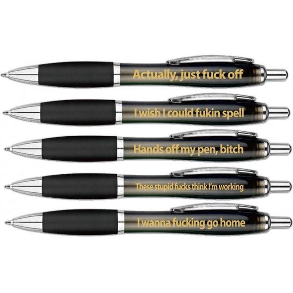 Five black retractable pens with gold humorous text phrases laid flat