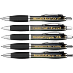 Five black retractable pens with gold humorous text phrases laid flat