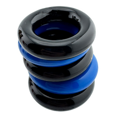 Close-up of five cockrings stacked together, alternating blue and black flexible silicone bands