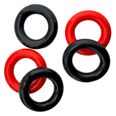 Five individual red and black Hunkyjunk Jacker cockrings laid flat showing smooth tube shape