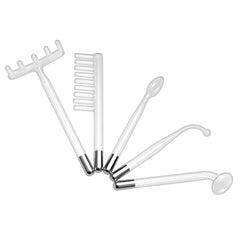 Five interchangeable glass wand attachments including comb, rake, spoon, and curved tip displayed flat