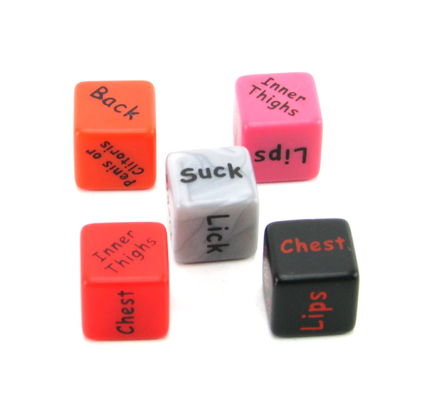 Five multi-colored foreplay dice from Let's Fool Around showing action and body-area text on each face