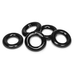 Five Oxballs OXR-1 black stretch cock rings grouped together showing flexible form