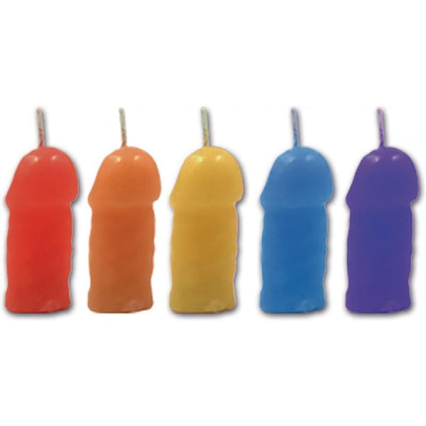 Five unlit rainbow pecker candles in red, orange, yellow, blue, and purple wax, unpackaged