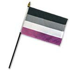 Flags Importer Asexual 4x6 stick flag with black, grey, white, and purple stripes on a handheld pole