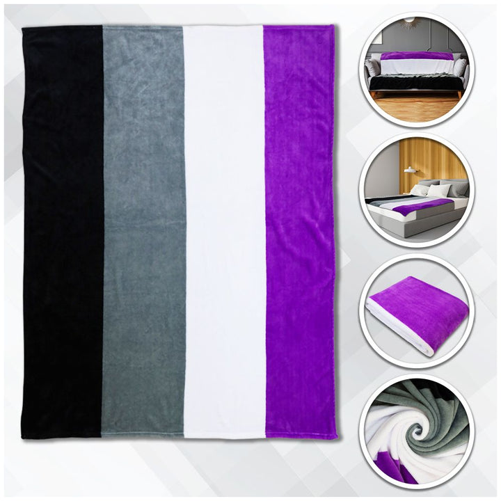 Flags Importer asexual pride fleece blanket with black, grey, white, and purple stripes
