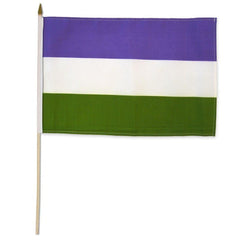Flags Importer GenderQueer 12x18 stick flag with purple, white, and green stripes on wooden pole