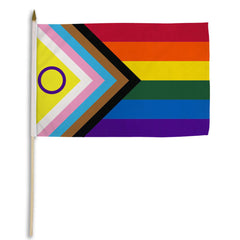 Flags Importer Inclusive Pride 12x18 stick flag with intersex-inclusive progress design on wooden dowel