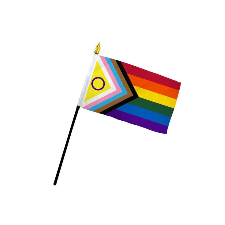 Flags Importer Inclusive Pride 4x6 stick flag with intersex-inclusive Progress design on black pole