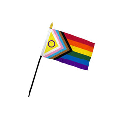 Flags Importer Inclusive Pride 4x6 stick flag with intersex-inclusive Progress design on black pole
