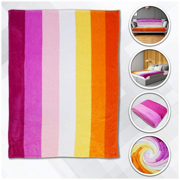 Flags Importer lesbian pride fleece blanket with bold pink, white, yellow, and orange stripes