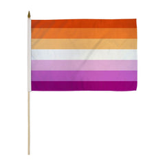 Flags Importer Lesbian Sunset 12x18 inch stick flag with seven-stripe sunset design on wooden dowel
