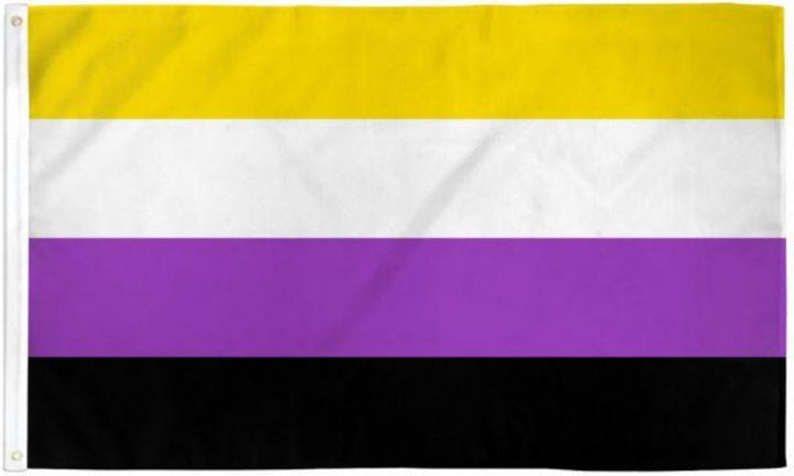Flags Importer Non-Binary Pride Flag in yellow, white, purple, and black polyester stripes