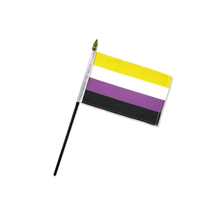 Flags Importer NonBinary 4x6 stick flag with yellow, white, purple, and black stripes on black pole