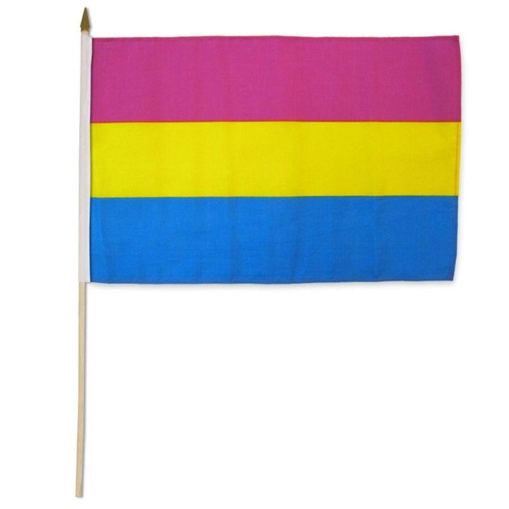 Flags Importer Pansexual 12x18 flag with pink, yellow, and blue stripes on a wooden stick