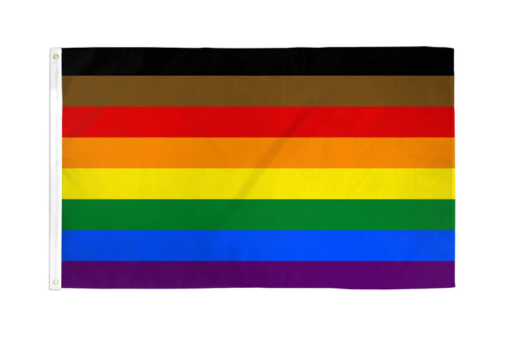 Flags Importer Philly Rainbow Flag 3x5ft with black, brown, and six-color stripes on polyester