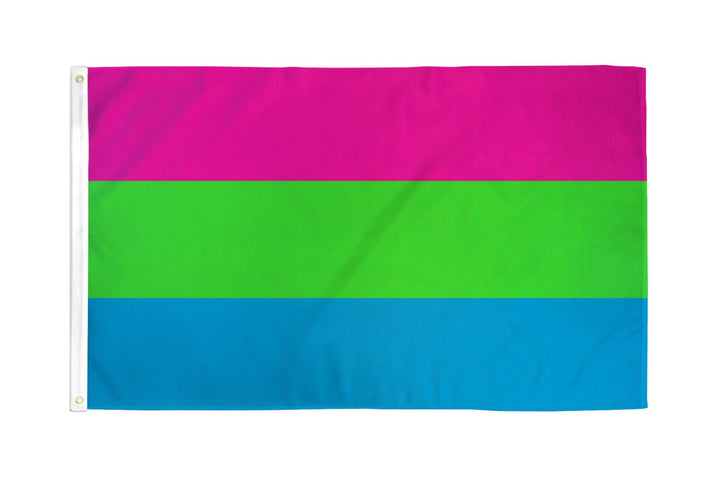 Flags Importer Polysexual Flag in pink, green, and blue horizontal stripes, 3x5 polyester