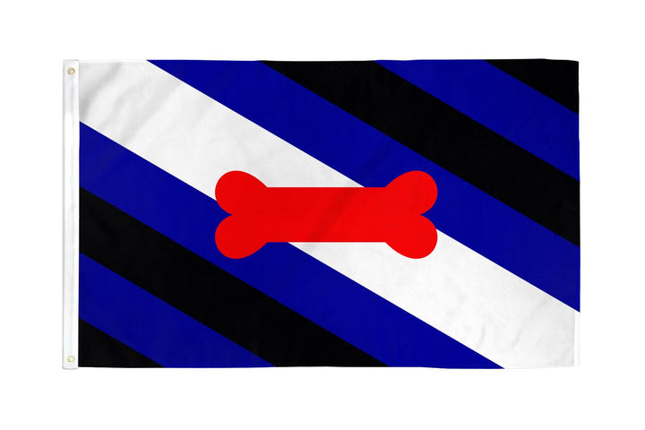 Flags Importer Puppy Pride Flag with blue, black, white stripes and red bone, 3x5 polyester