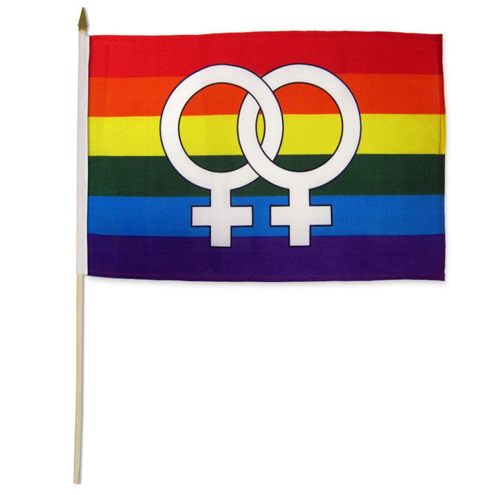 Flags Importer Rainbow Double Venus Stick Flag 12x18 with interlocked female symbols on pride stripes