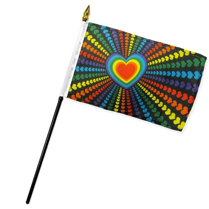 Flags Importer Rainbow Love 4x6 stick flag with radiating hearts on black fabric