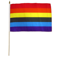 Flags Importer Rainbow Stick Flag 12x18 with bold seven-stripe design on wooden dowel