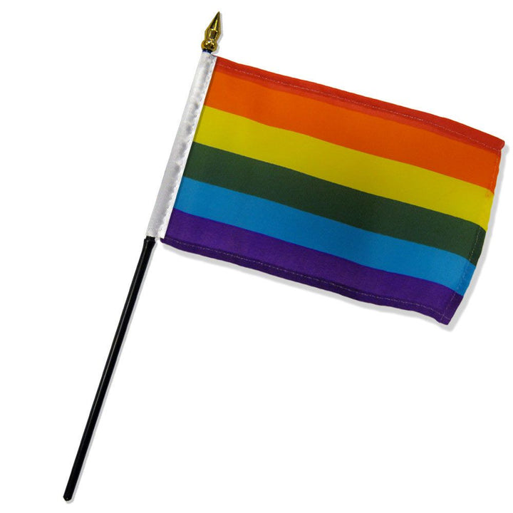 Flags Importer Rainbow Stick Flag 4x6 inch with black pole and gold spear tip