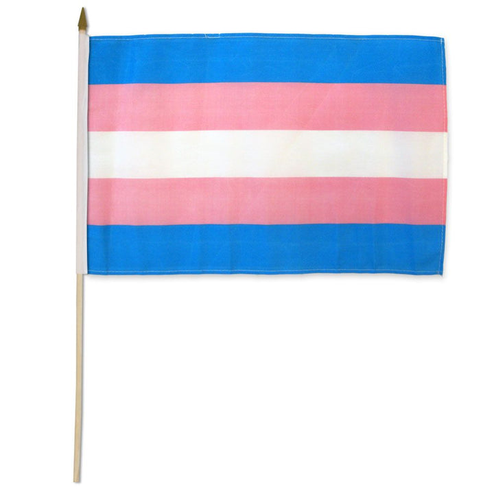 Flags Importer transgender 12x18 inch stick flag with blue, pink, and white stripes on wooden dowel