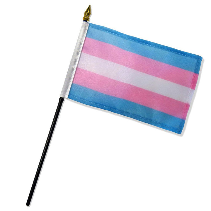 Flags Importer transgender pride stick flag with blue, pink, and white stripes on black pole