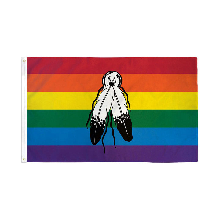 Flags Importer Two Spirit Rainbow Flag 3x5 polyester with feather emblem, front view