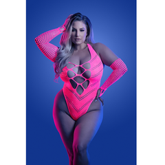 Flashback neon pink seamless rhinestone teddy with fishnet gloves shown on plus-size model, front