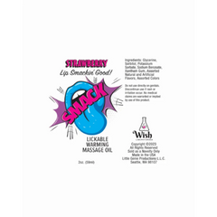 Flat label detail of Smack lickable massage oil with usage directions and novelty product disclaimer