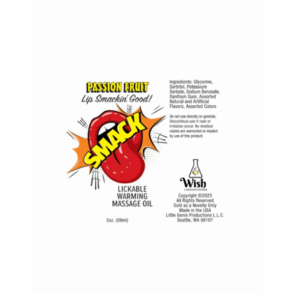 Flat label layout for Smack lickable massage oil displaying usage directions and novelty product notice