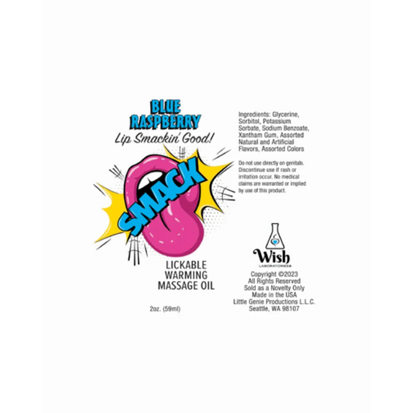 Flat label view of Smack lickable massage oil highlighting blue raspberry scent and ingredient list